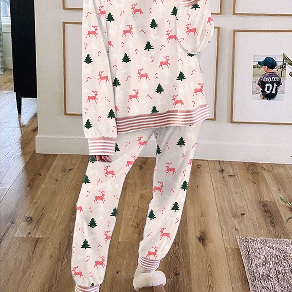 Cozy Pajamas Set with Reindeer and Tree Print